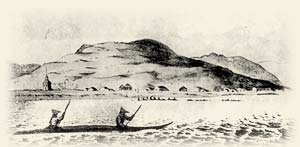 Уналашка (1817 г.) На переднем плане алеуты в лодке. Акварель Лисянского.