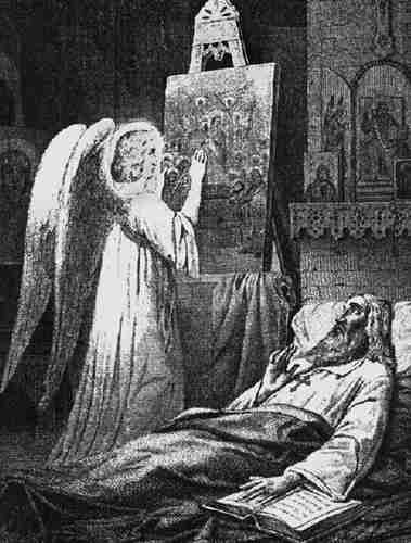 Рис. 5. Олимиий преподобный — инок Киево-Печерской Лавры, первый известный по имени русский иконописец (иллюстрация из книги Губерта В., 1896)
