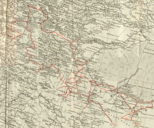 Отчетная карта путешествия Громбчевского в 1989-1990 гг. На карте видны радиальные выходы к перевалам Музтаг и Шиншал.